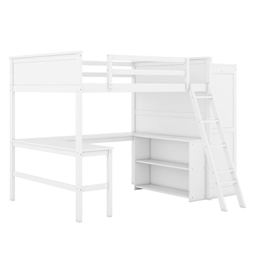 SOFTSEA Twin Size Loft Bed with Desk & Wardrobe, Solid Wood, Grey Q18519