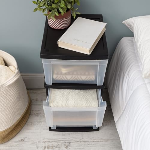 IRIS USA Plastic Drawer Storage Organizer, 3-Drawers, 2-Pack, Black/Clear J77123