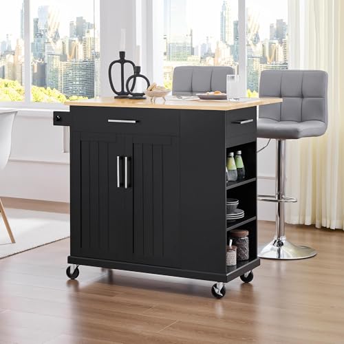 Yaheetech Rolling Kitchen Island Cart with Drop Leaf, Rubberwood Breakfast Bar with Storage V538