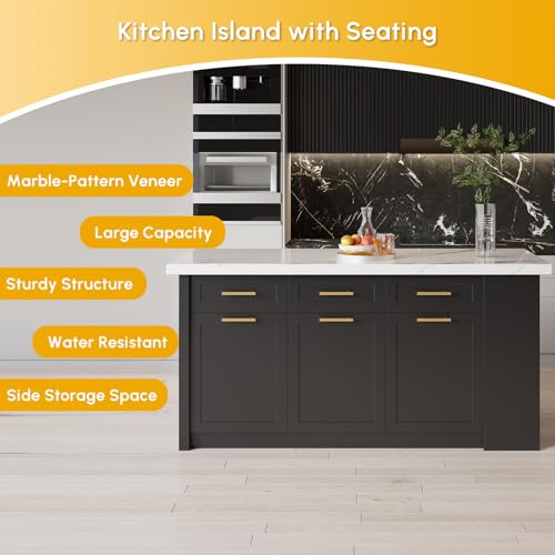 homary 72" Kitchen Island with Storage, White Dining Table with Seating & 3 Drawers H6352