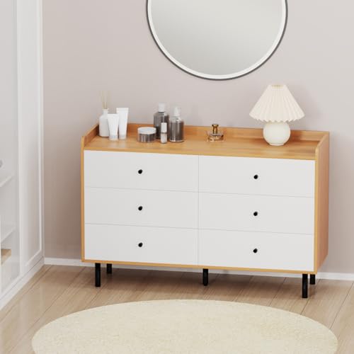 White Nursery Dresser with 6 Drawers, Modern Wood, Black Knobs G330