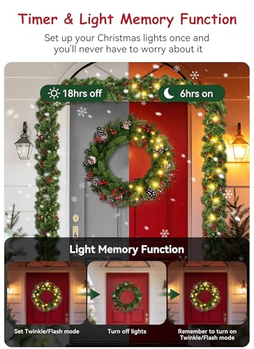 Brightown 24 Inch Pre-Lit Artificial Christmas Wreath with Pine Cones & Berries L37024