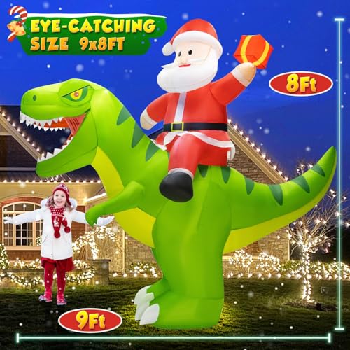 9x8FT Christmas Inflatables Outdoor Santa Riding Dinosaur with LED Lights J950277