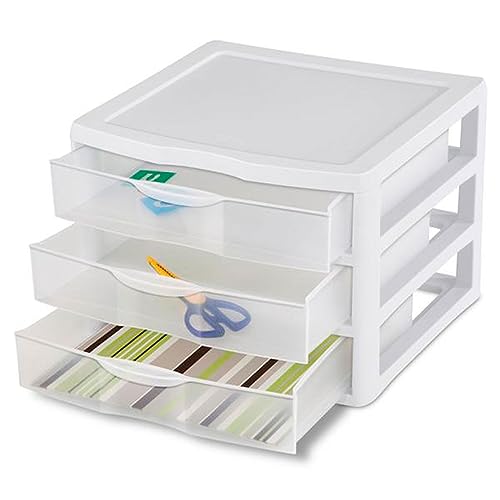 Sterilite 3-Pack Wide 3 Drawer Unit, Plastic Desktop Organizer, White Frame X750