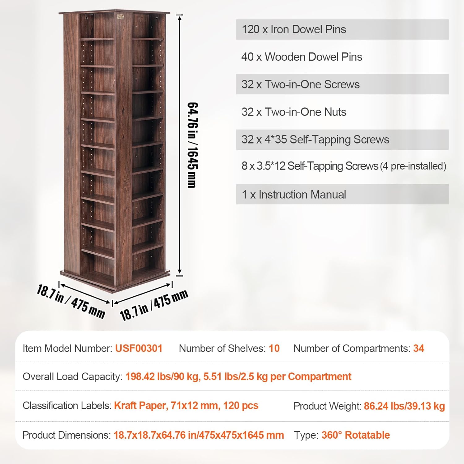 VEVOR Media Storage Cabinet Rotating Media Tower Holds 1040 CDs Espresso L606496