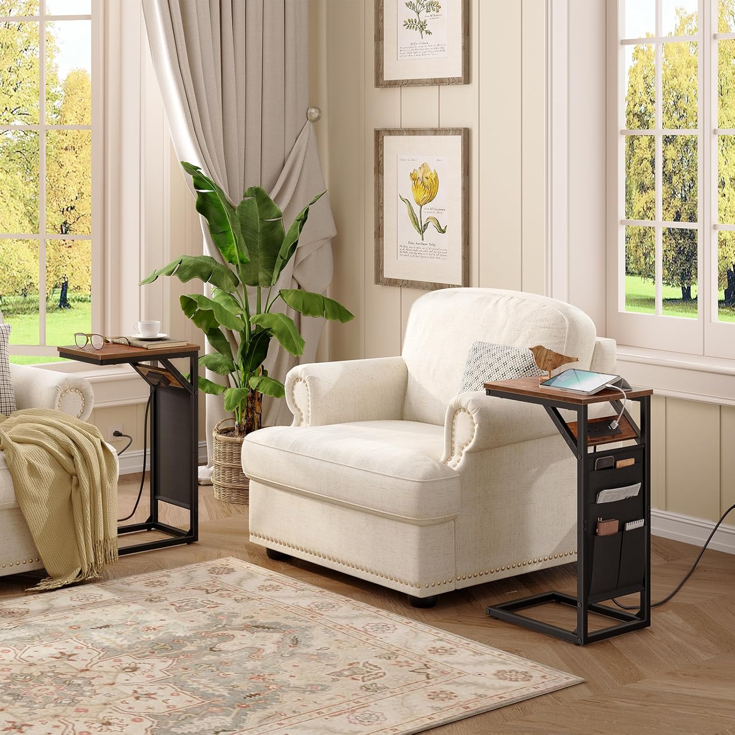 HOOBRO C-Shaped End Table with Charging Station, Metal Frame, Rustic Brown and Black M645406