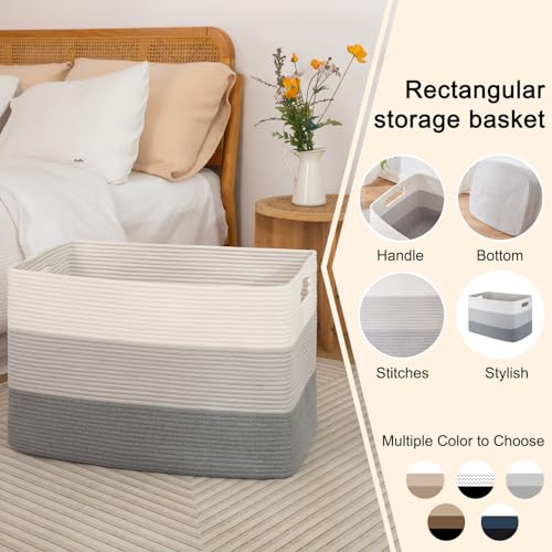 OIAHOMY Large Rectangle Woven Blanket Basket with Handle, Gradient Blue B58762