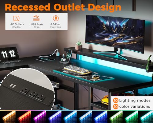 ODK L Shaped Gaming Desk with Power Outlets & LED Lights, Grey J75879