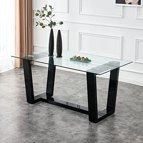 51" Modern Glass Dining Table for 4-6 People, Black Metal Legs R475882
