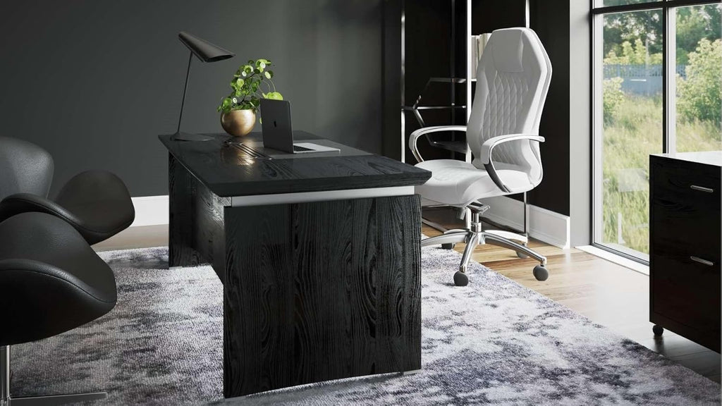ZURI Modern 71" Washington Black Oak Wood Desk with Leather Writing Pad