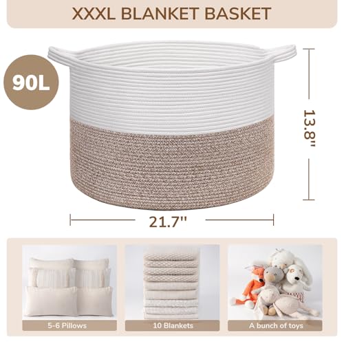 INDRESSME Large Cotton Rope Storage Basket with Handles, 90L Grey R37552