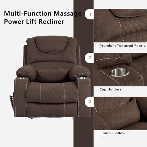 Lift Chair Recliner with Massage and Heat, Heavy Duty for Seniors, Brown V12888
