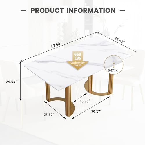 Modern Rectangle Marble Dining Table 63" White with Gold Trestle Pedestal J573458