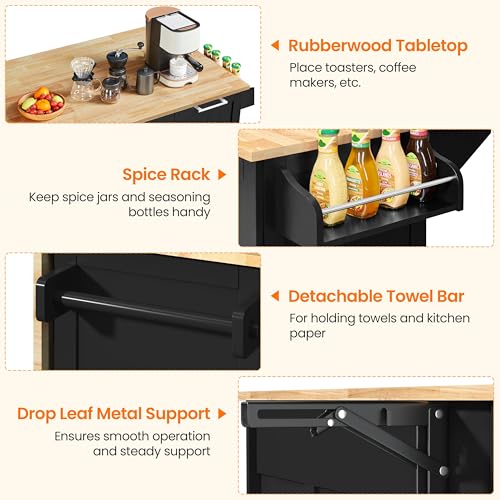 Yaheetech Kitchen Island Cart with Drop-Leaf Countertop, Rolling Storage Cart, Black E777851