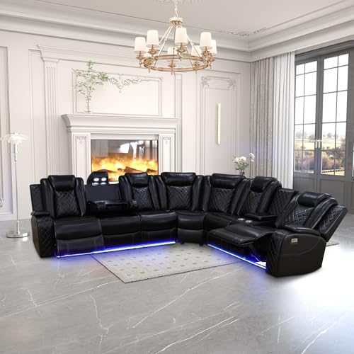 Leather Power Recliner Sectional Sofa with LED, Power Reclining Sectional Couch, Breathing Leather Sofa Couch with USB Port&Cup Holder for Living Room (Living Room Set,Cream White)