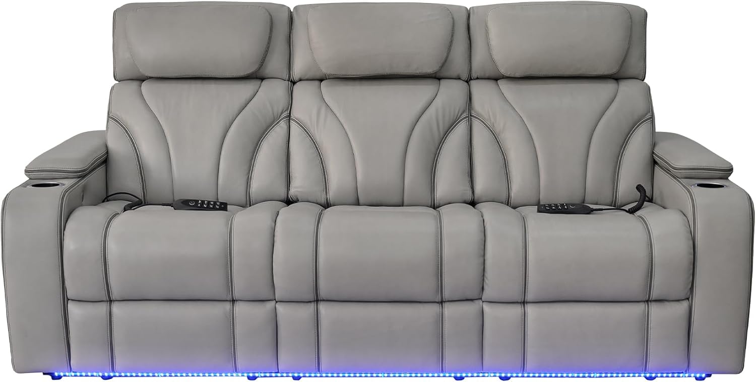 Armen Living Octavia Power Reclining Heated Massage Sofa, 86" Wide, Silver and Gray Leather M65396