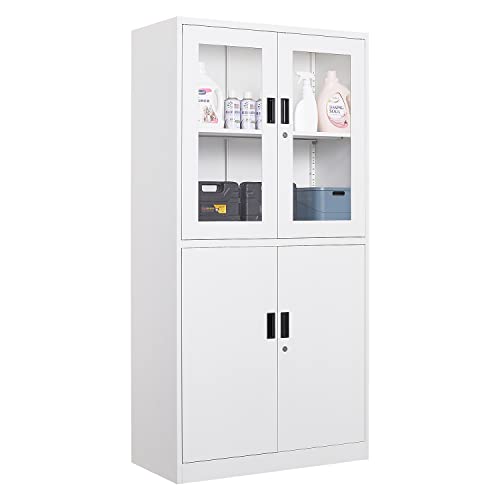 Metal Storage Cabinet with Doors and Shelves, 71" Locking Steel, White L799