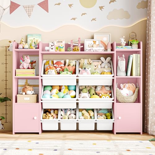 FOTOSOK 55" Toy Storage Organizer with 8 Bins and Bookshelf, Pink J681345