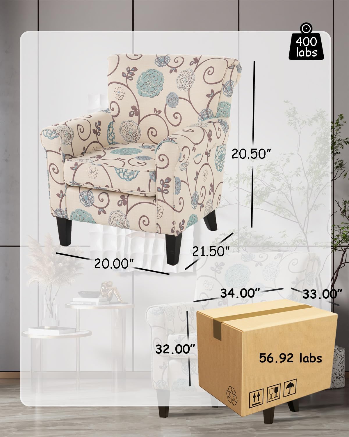 Millies Patterned Fabric Sofa Modern Chic Couch with Wooden Metal Legs V669