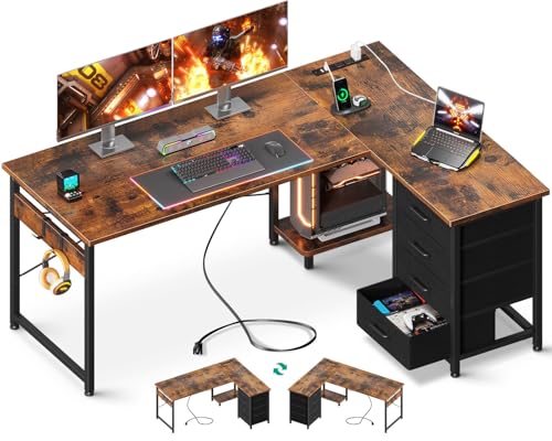 AODK L Shaped Gaming Desk with 4 Drawers, Power Outlets, Black P81263