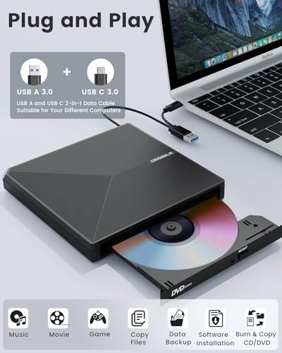 External CD DVD Drive for Laptop, USB 3.0 Type-C, Slim Portable Burner T70166