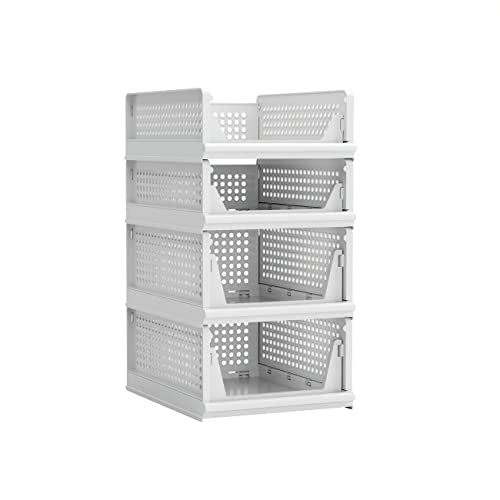 Stackable Plastic Storage Basket Closet Organizer Bin Foldable Clothes Organizer Storage Drawer Shelf Container for Living Room Bathroom Kitchen Office