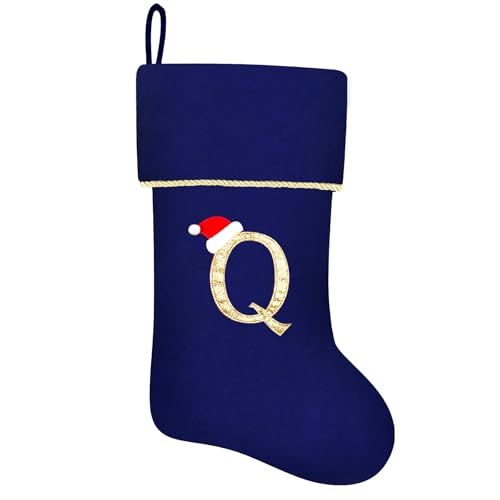 20 Inches Initial Monogram Blue Velvet Christmas Stocking with Gold Trim U394