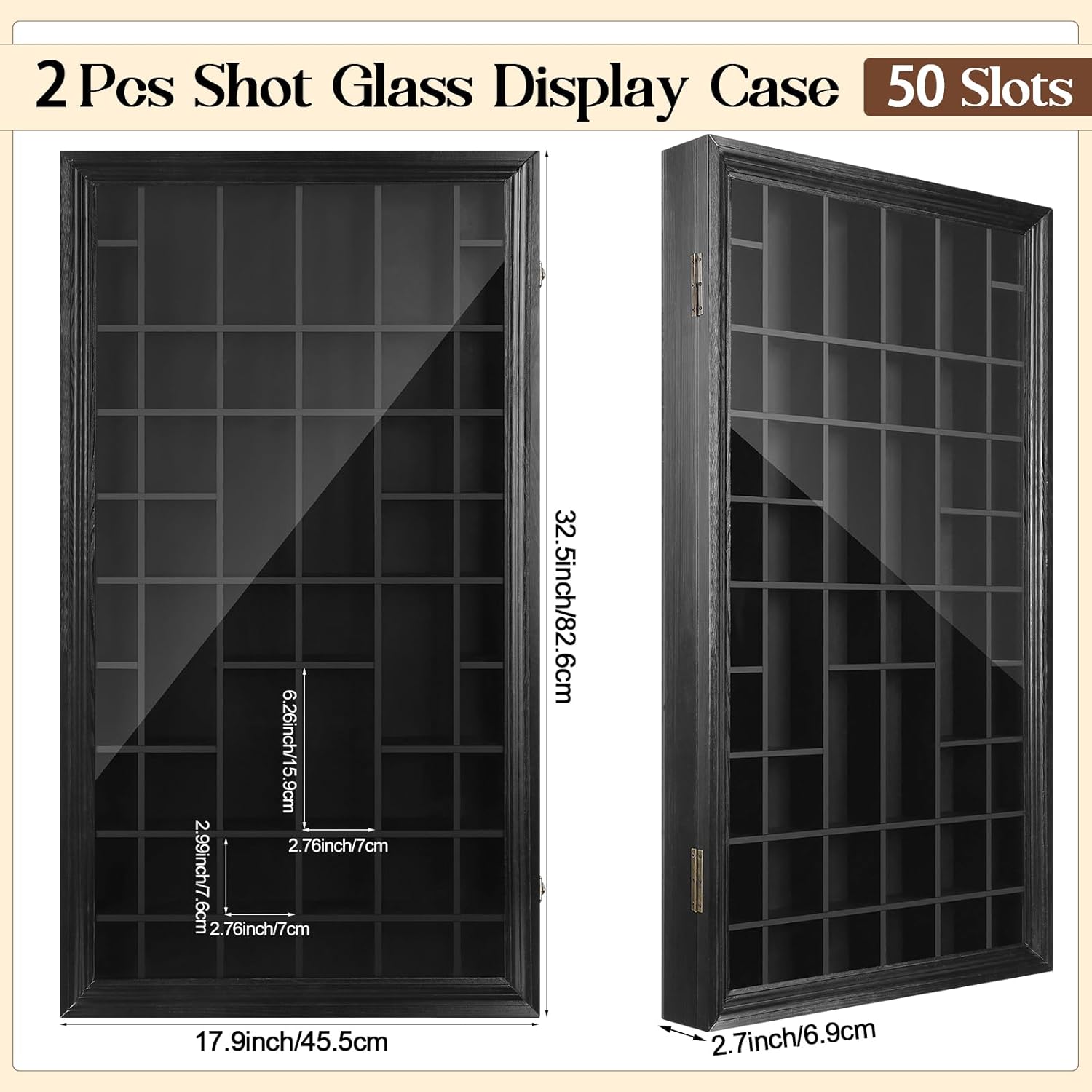 2 Pcs Shot Glass Display Case 50 Slots Wood Holder with Lockable Door S7127
