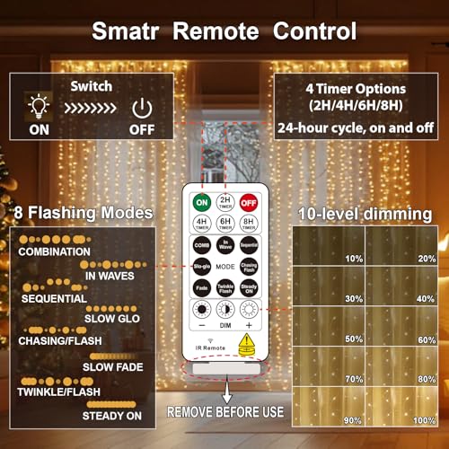 600LED Curtain Lights for Bedroom, Warm White, 8 Modes Y367582