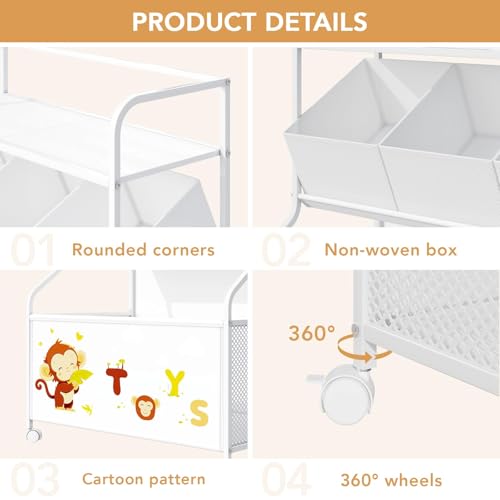 BBLIKE Toy Storage Organizer with Wheels 3-Tier Kids Toy Box White Q363830