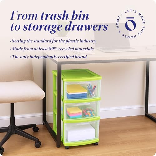 HOMZ 3-Tier Clear Plastic Storage Organizer Cart with Wheels, Black Frame M4715