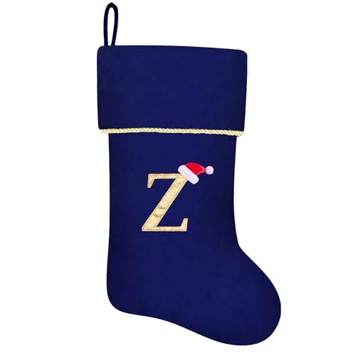 20 Inches Initial Monogram Blue Velvet Christmas Stocking with Gold Trim U394