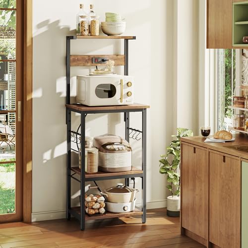 SUPERJARE Kitchen Bakers Rack with Power Outlet, Coffee Bar Table, Rustic Brown W637