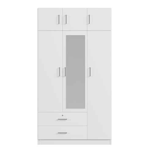 Mirror 3 Doors Closet Wardrobe with 2 Drawers and Top Cabinet, White T40591