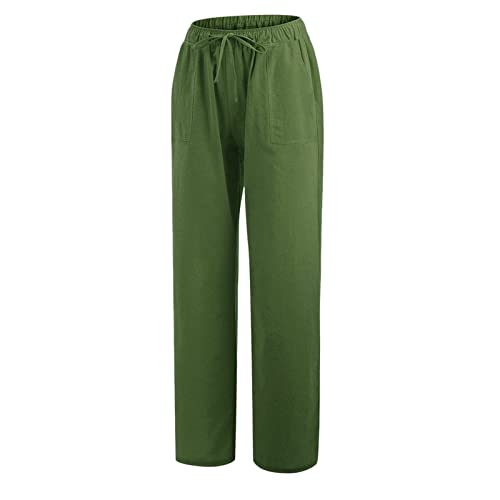 Women Linen Cotton Wide Leg Pants with Drawstring Waist Z12400
