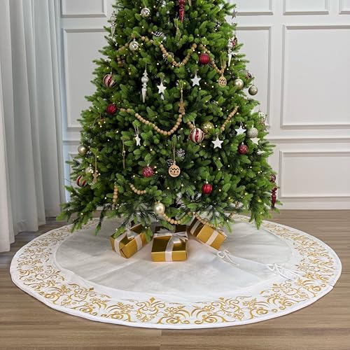 Burgundy Victorian Velvet Christmas Tree Skirt with Gold Damask Embroidery Q6345