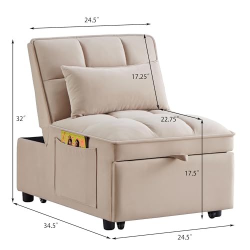Sleeper Chair Bed 4-in-1 Folding Convertible Sofa with Adjustable Backrest, Velvet, Taupe Z8550
