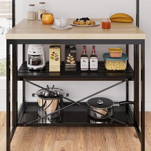 Kitchen Island with Storage, Bakers Rack with Power Outlet, 3 Tier Microwave Stand, Coffee Bar Table I24443