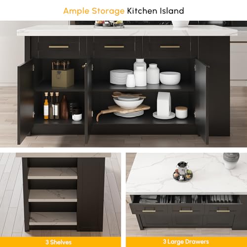 homary 72" Kitchen Island with Storage, White Dining Table with Seating & 3 Drawers H6352