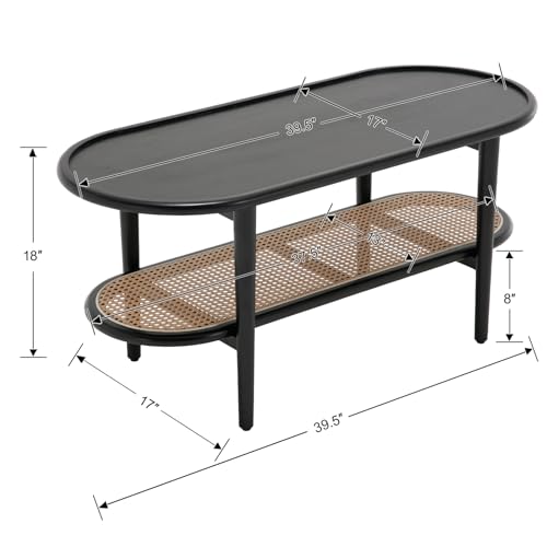 Rattan Wood Mid Century Modern Oval Coffee Table with Storage Shelf, Walnut A302530