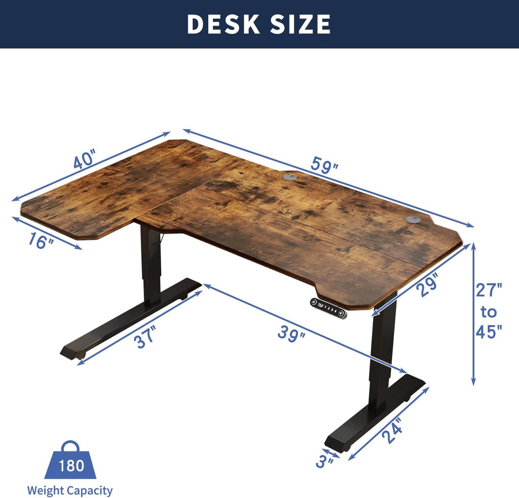 59" L-Shaped Electric Standing Desk with Rustic Brown Top X37455