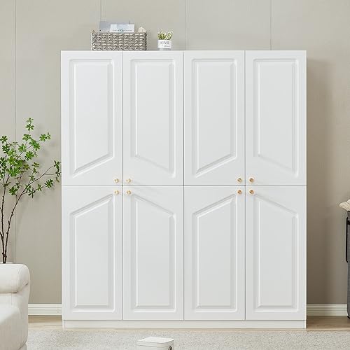 Wooden Armoire Wardrobe Closet Cabinet, 4 Door 2 Drawers White Cabinet for High Storage Capacity, Tall Cabinet Closet Wardrobe with 2 Shelves and Hanging Rod 63" L x 20.3" W x 72" H