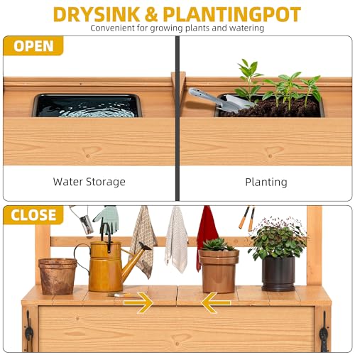 DWVO Outdoor Potting Bench Table with Sink & Sliding Top, Wooden Garden Workbench K4598