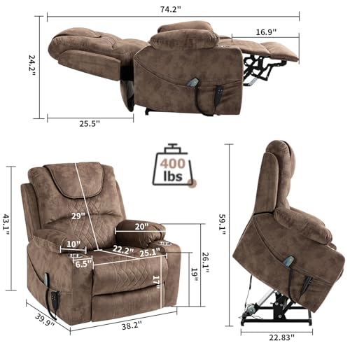 Lift Chair Recliner with Massage and Heat, Heavy Duty for Seniors, Brown V12888