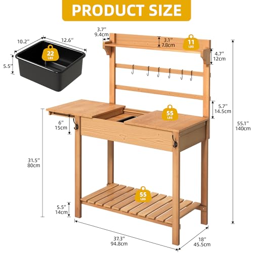 DWVO Outdoor Potting Bench Table with Sink & Sliding Top, Wooden Garden Workbench K4598