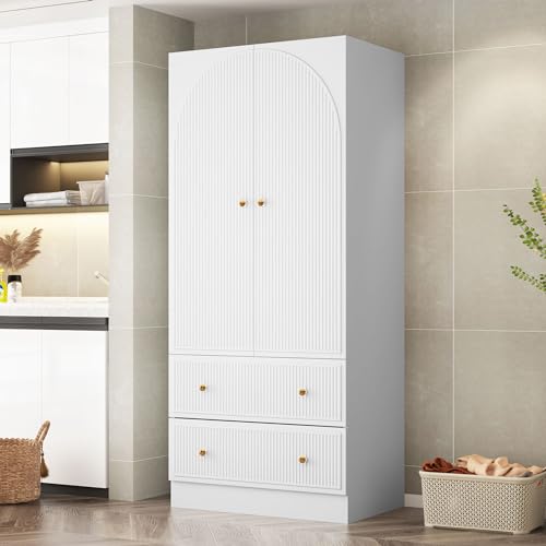 QHITTY Freestanding Armoire Wardrobe with 2 Drawers and Clothing Rod, White B8868