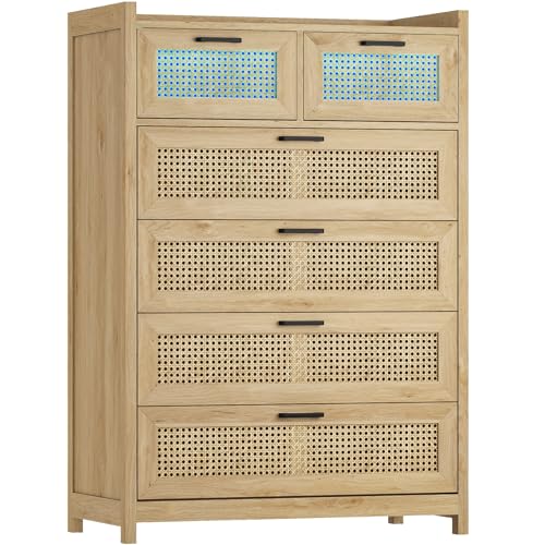 Rattan Dresser with LED Lights, 6 Drawer Storage Chest Q25323