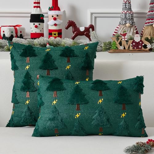 UGASA Star Christmas Decorative Pillow Covers 18x18 Inch Set of 2 Dark Green Q9265