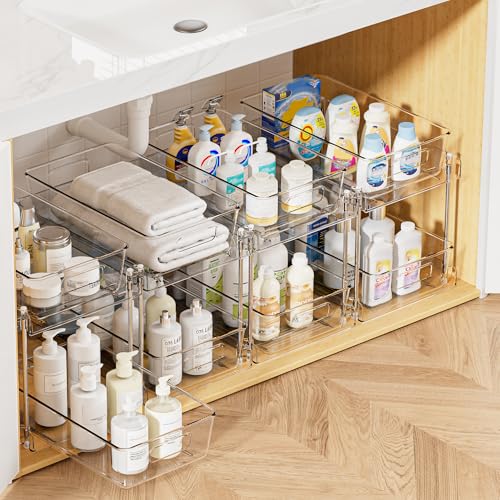 Vtopmart 4 Pack 2 Tier Clear Under Sink Organizer with Pull-Out Track E175
