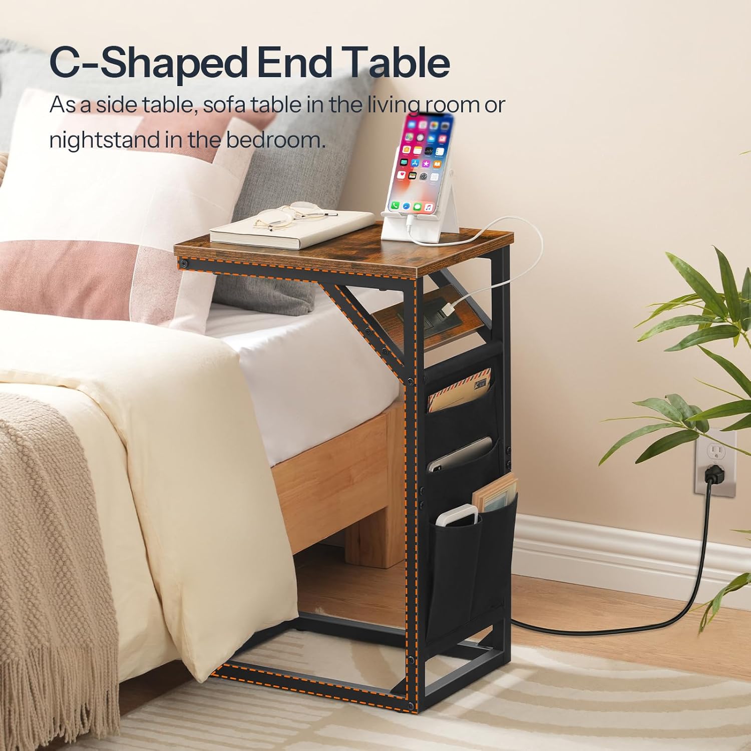 HOOBRO C-Shaped End Table with Charging Station, Metal Frame, Rustic Brown and Black M645406